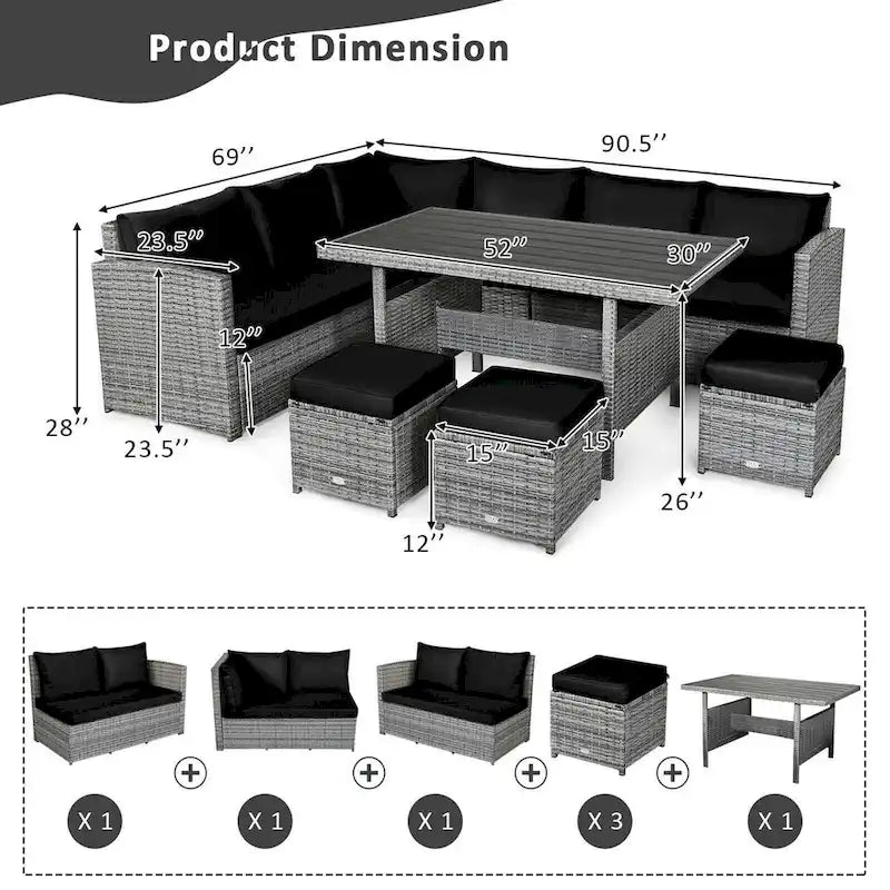Ensemble de salle à manger d'extérieur 7 pièces en rotin résistant aux intempéries, comprenant un canapé d'angle, un pouf en osier et un canapé rembourré.