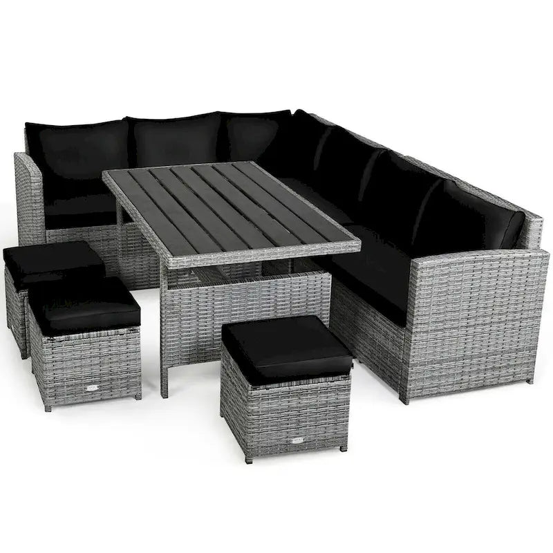 Ensemble de salle à manger d'extérieur 7 pièces en rotin résistant aux intempéries, comprenant un canapé d'angle, un pouf en osier et un canapé rembourré.