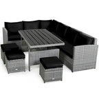 Ensemble de salle à manger d'extérieur 7 pièces en rotin résistant aux intempéries, comprenant un canapé d'angle, un pouf en osier et un canapé rembourré.