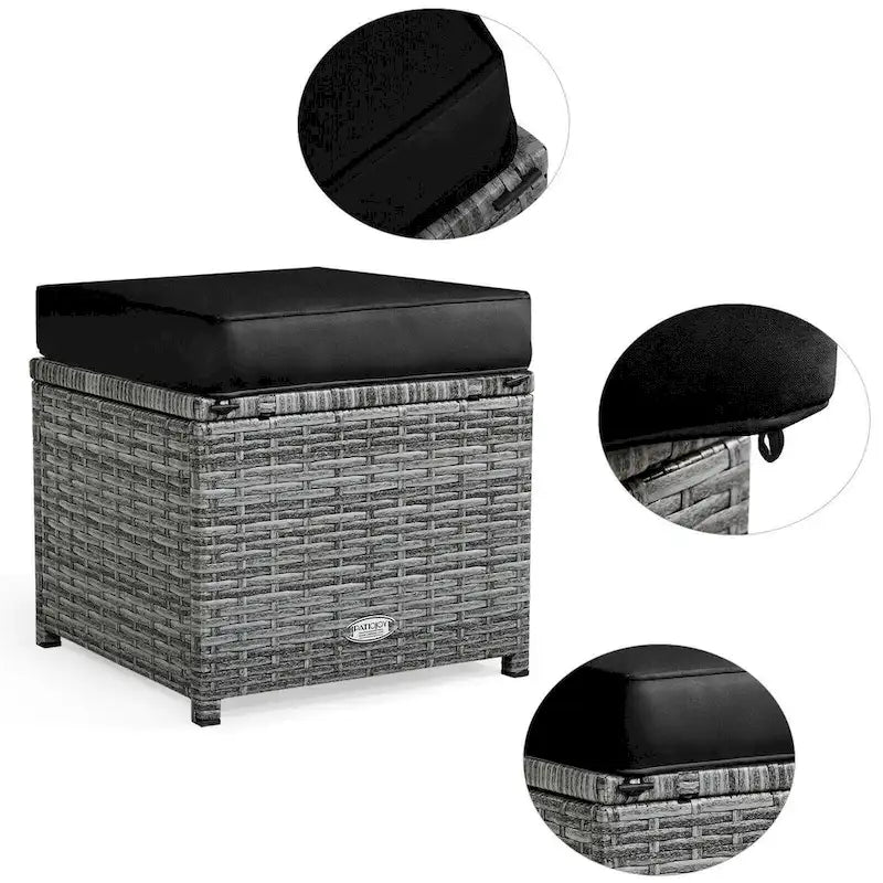 Ensemble de salle à manger d'extérieur 7 pièces en rotin résistant aux intempéries, comprenant un canapé d'angle, un pouf en osier et un canapé rembourré.