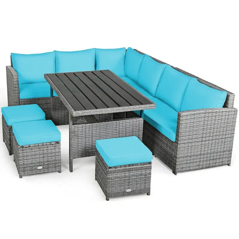 Ensemble de salle à manger d'extérieur 7 pièces en rotin résistant aux intempéries, comprenant un canapé d'angle, un pouf en osier et un canapé rembourré.