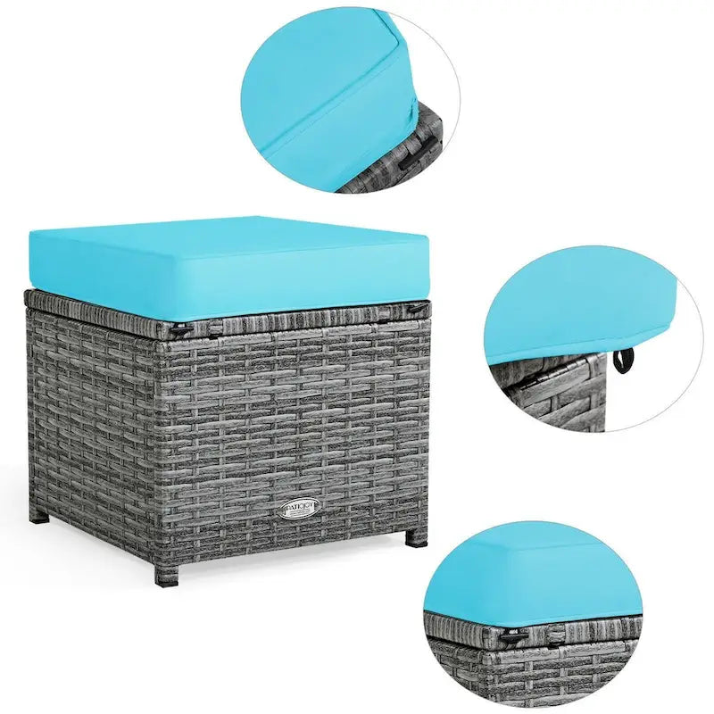 Ensemble de salle à manger d'extérieur 7 pièces en rotin résistant aux intempéries, comprenant un canapé d'angle, un pouf en osier et un canapé rembourré.