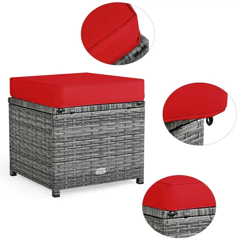 Ensemble de salle à manger d'extérieur 7 pièces en rotin résistant aux intempéries, comprenant un canapé d'angle, un pouf en osier et un canapé rembourré.