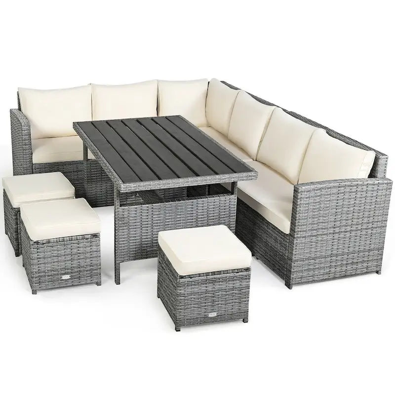 Ensemble de salle à manger d'extérieur 7 pièces en rotin résistant aux intempéries, comprenant un canapé d'angle, un pouf en osier et un canapé rembourré.