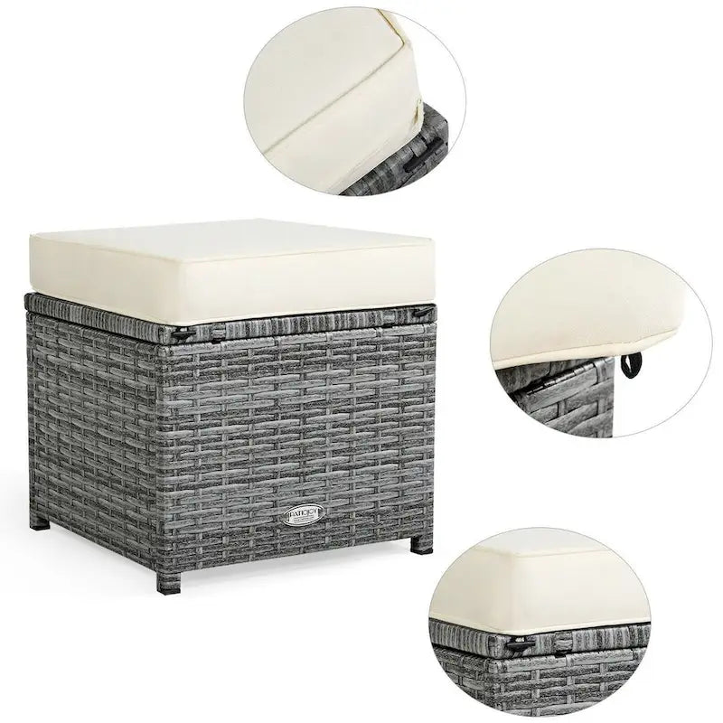 Ensemble de salle à manger d'extérieur 7 pièces en rotin résistant aux intempéries, comprenant un canapé d'angle, un pouf en osier et un canapé rembourré.