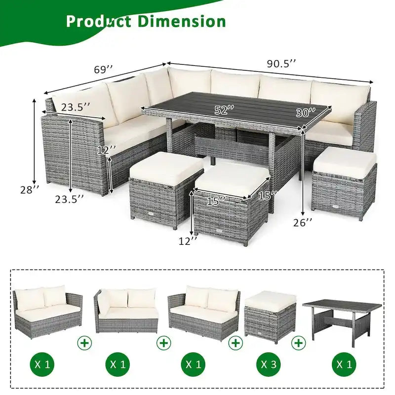 Ensemble de salle à manger d'extérieur 7 pièces en rotin résistant aux intempéries, comprenant un canapé d'angle, un pouf en osier et un canapé rembourré.