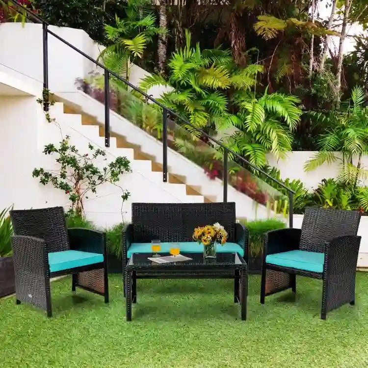Ensemble de 4 meubles de jardin en rotin avec coussins - 43,5 x 25 x 31 (L x l x H)