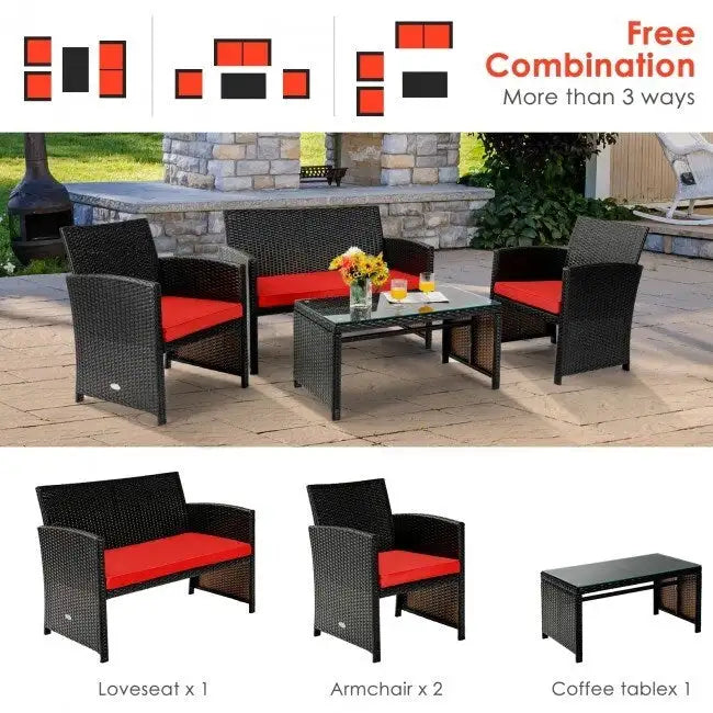 Ensemble de 4 meubles de jardin en rotin avec coussins - 43,5 x 25 x 31 (L x l x H)
