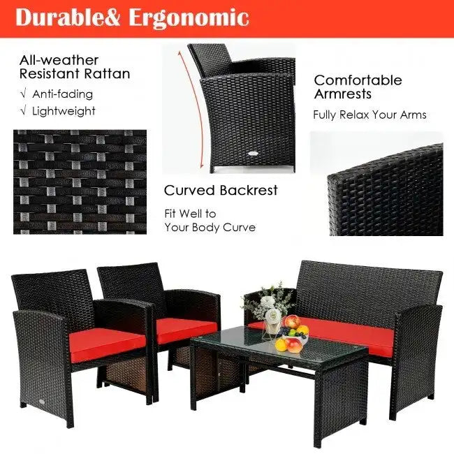 Ensemble de 4 meubles de jardin en rotin avec coussins - 43,5 x 25 x 31 (L x l x H)