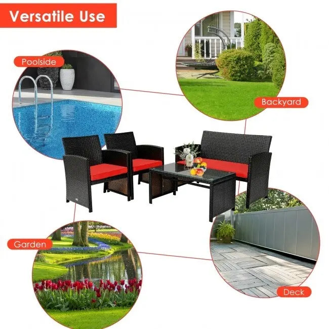 Ensemble de 4 meubles de jardin en rotin avec coussins - 43,5 x 25 x 31 (L x l x H)