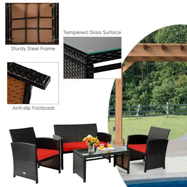 Ensemble de 4 meubles de jardin en rotin avec coussins - 43,5 x 25 x 31 (L x l x H)