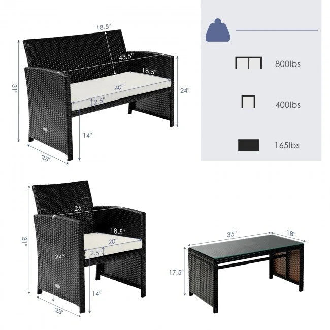 Ensemble de 4 meubles de jardin en rotin avec coussins - 43,5 x 25 x 31 (L x l x H)