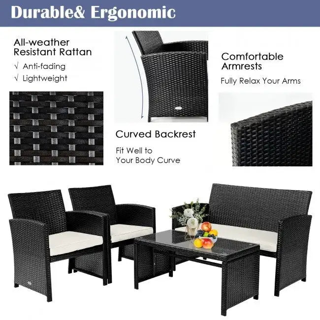 Ensemble de 4 meubles de jardin en rotin avec coussins - 43,5 x 25 x 31 (L x l x H)
