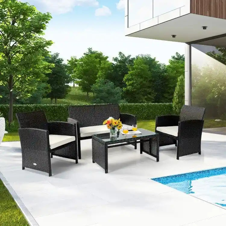 Ensemble de 4 meubles de jardin en rotin avec coussins - 43,5 x 25 x 31 (L x l x H)