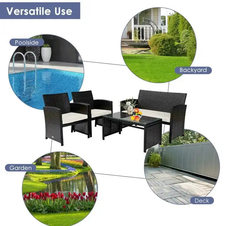 Ensemble de 4 meubles de jardin en rotin avec coussins - 43,5 x 25 x 31 (L x l x H)