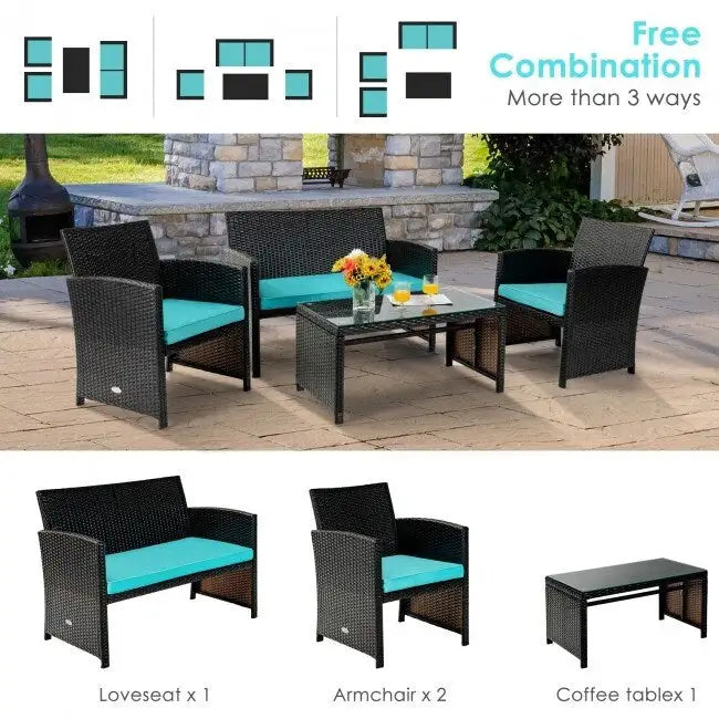 Ensemble de 4 meubles de jardin en rotin avec coussins - 43,5 x 25 x 31 (L x l x H)