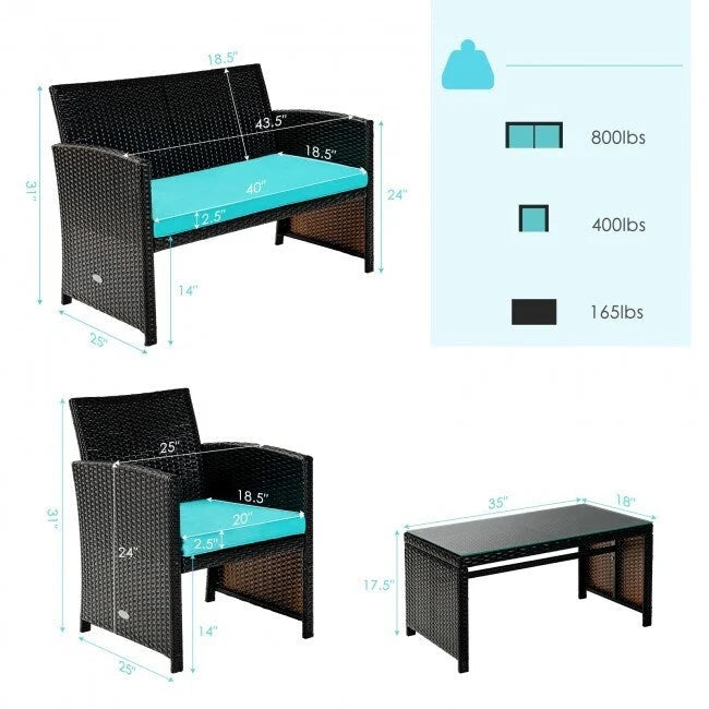 Ensemble de 4 meubles de jardin en rotin avec coussins - 43,5 x 25 x 31 (L x l x H)