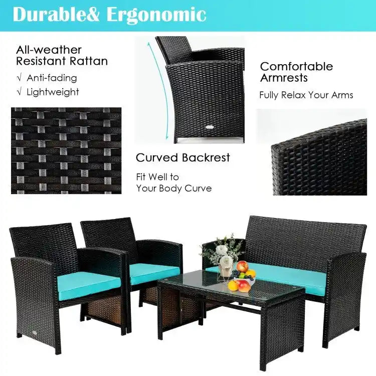 Ensemble de 4 meubles de jardin en rotin avec coussins - 43,5 x 25 x 31 (L x l x H)