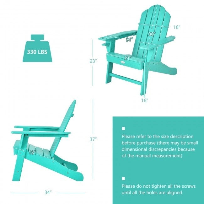 Chaise Adirondack d'extérieur avec porte-gobelet intégré pour véranda - 34 x 31 x 37 (L x l x H)