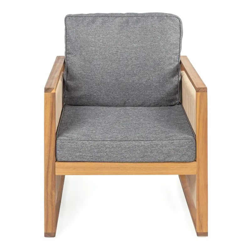 Chaises de patio d'extérieur Saranac en bois d'acacia tressé, style moderne du milieu du siècle, avec coussins (lot de 2), par JONATHAN Y.