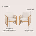 Chaises de patio d'extérieur Saranac en bois d'acacia tressé, style moderne du milieu du siècle, avec coussins (lot de 2), par JONATHAN Y.