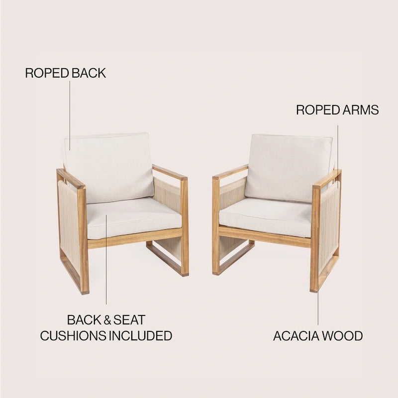 Chaises de patio d'extérieur Saranac en bois d'acacia tressé, style moderne du milieu du siècle, avec coussins (lot de 2), par JONATHAN Y.