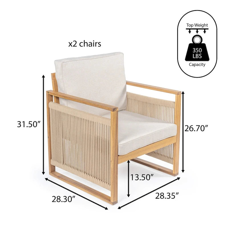Chaises de patio d'extérieur Saranac en bois d'acacia tressé, style moderne du milieu du siècle, avec coussins (lot de 2), par JONATHAN Y.