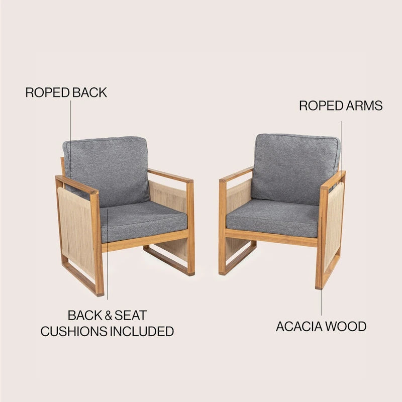 Chaises de patio d'extérieur Saranac en bois d'acacia tressé, style moderne du milieu du siècle, avec coussins (lot de 2), par JONATHAN Y.