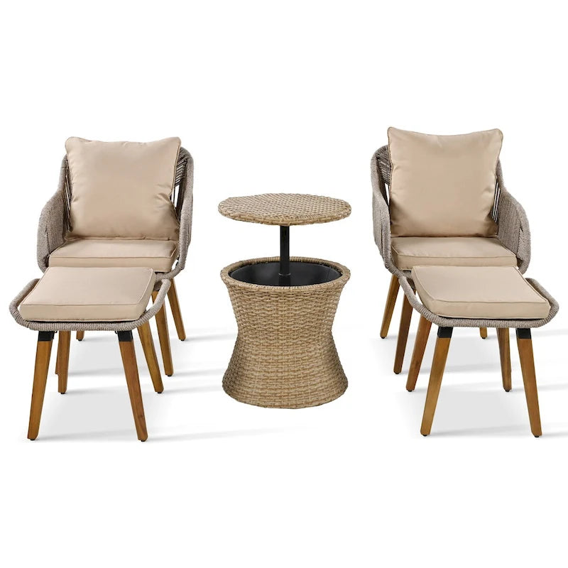 Ensemble de conversation de patio en corde 5 pièces avec table de bar en osier et coussins