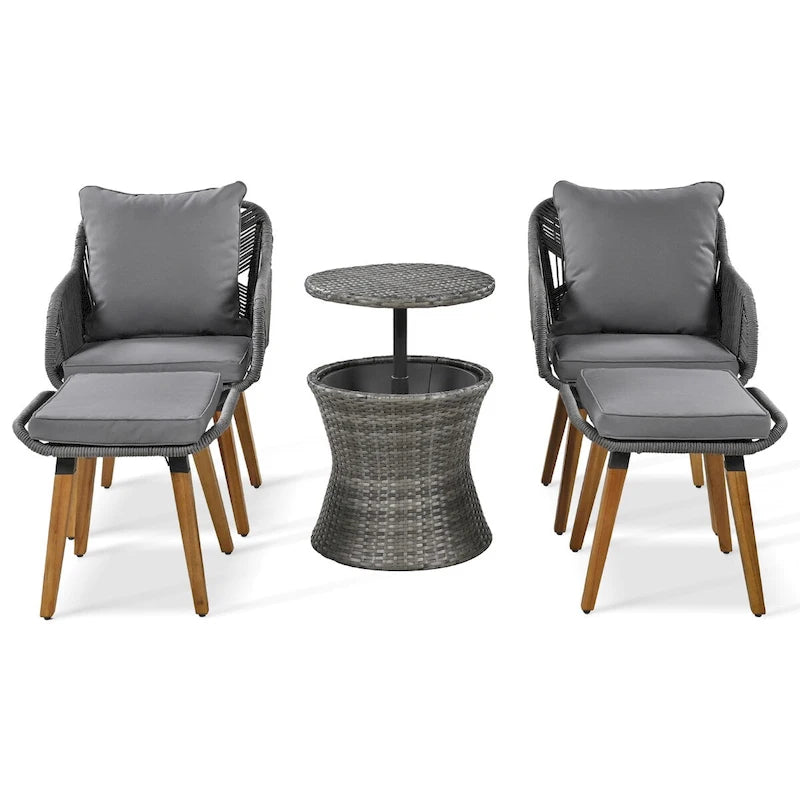 Ensemble de conversation de patio en corde 5 pièces avec table de bar en osier et coussins