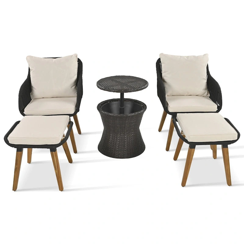 Ensemble de conversation de patio en corde 5 pièces avec table de bar en osier et coussins