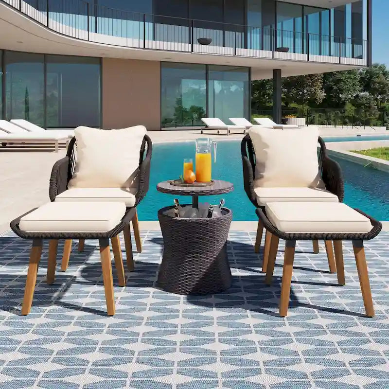 Ensemble de conversation de patio en corde 5 pièces avec table de bar en osier et coussins