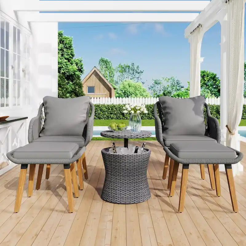 Ensemble de conversation de patio en corde 5 pièces avec table de bar en osier et coussins