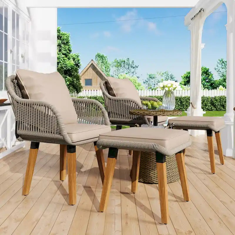 Ensemble de conversation de patio en corde 5 pièces avec table de bar en osier et coussins