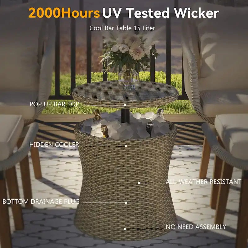 Ensemble de conversation de patio en corde 5 pièces avec table de bar en osier et coussins