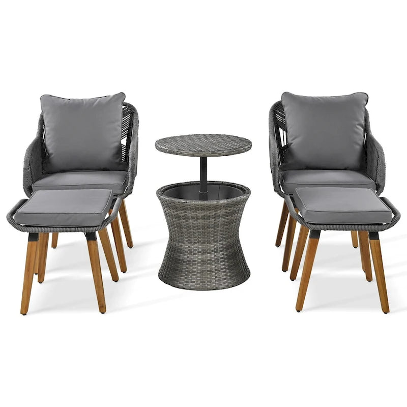 Ensemble de conversation de patio en corde 5 pièces avec table de bar en osier et coussins