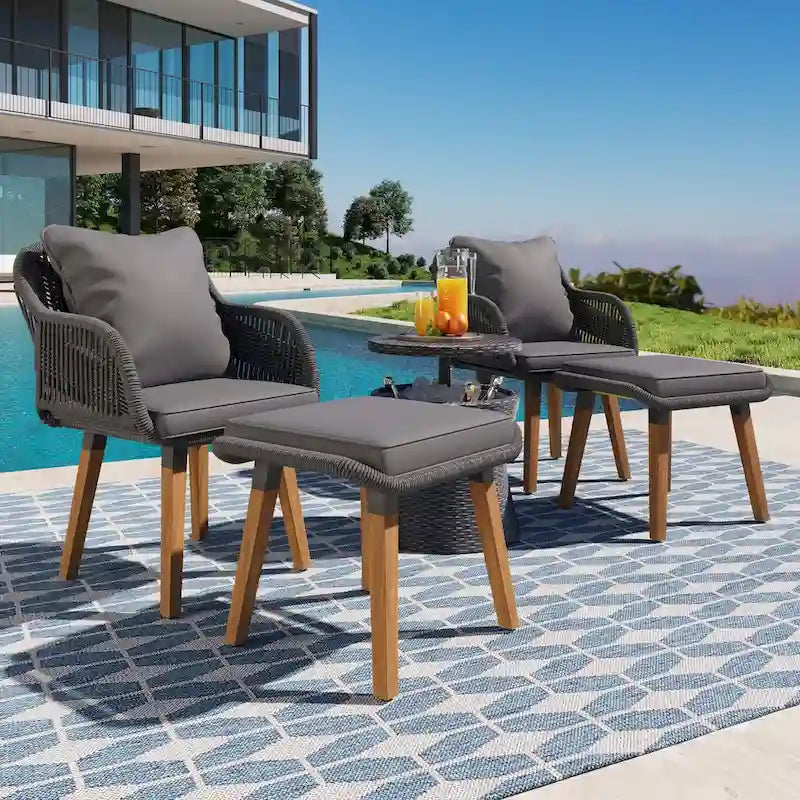 Ensemble de conversation de patio en corde 5 pièces avec table de bar en osier et coussins