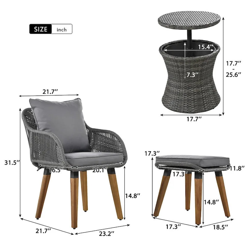 Ensemble de conversation de patio en corde 5 pièces avec table de bar en osier et coussins