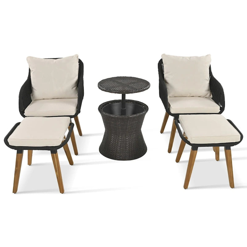 Ensemble de conversation de patio en corde 5 pièces avec table de bar en osier et coussins