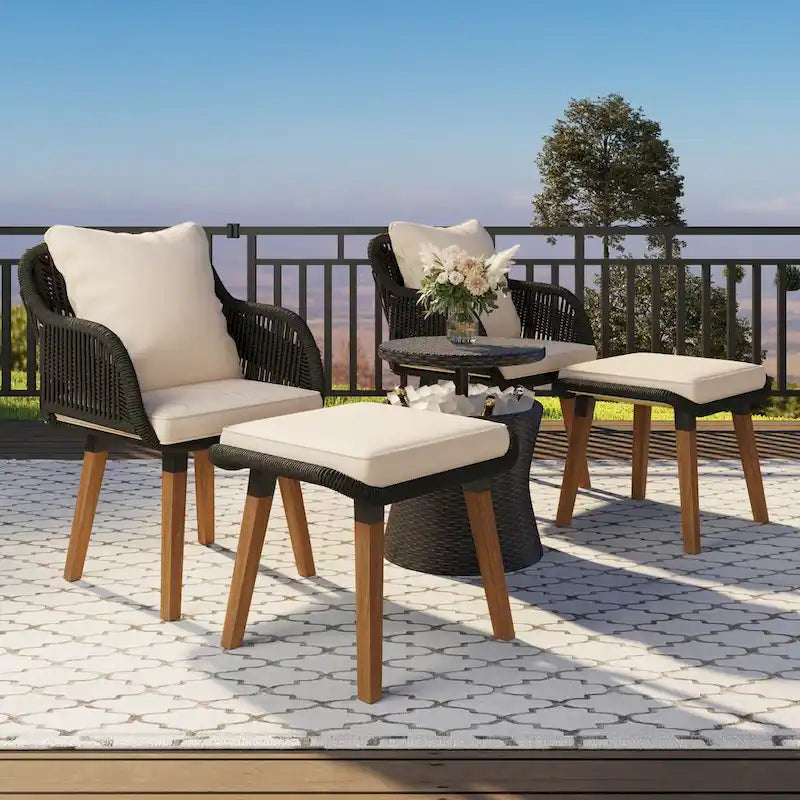 Ensemble de conversation de patio en corde 5 pièces avec table de bar en osier et coussins