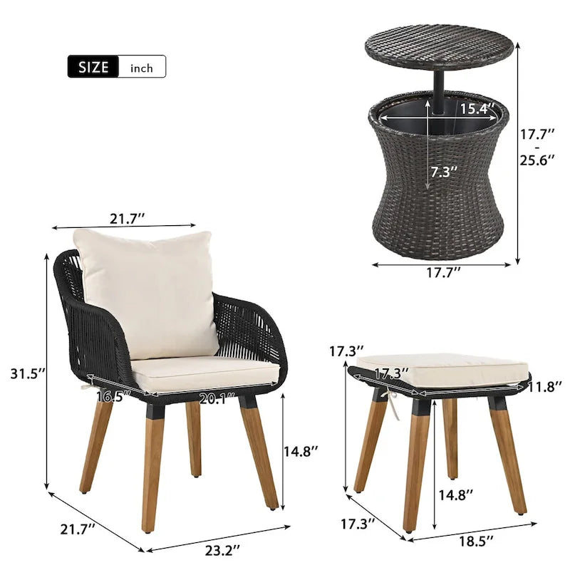 Ensemble de conversation de patio en corde 5 pièces avec table de bar en osier et coussins
