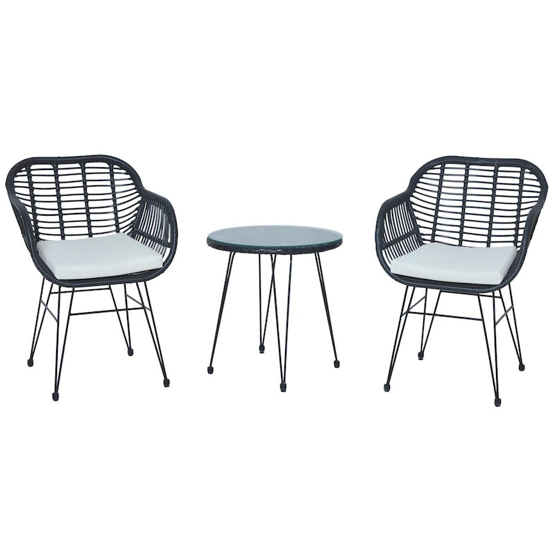 Ensemble de conversation 3 pièces en rotin avec table basse et plateau en verre