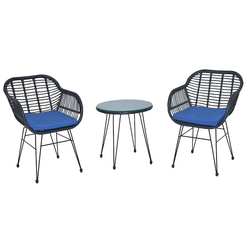 Ensemble de conversation 3 pièces en rotin avec table basse et plateau en verre