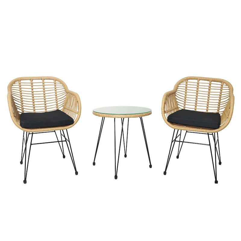 Ensemble de conversation 3 pièces en rotin avec table basse et plateau en verre