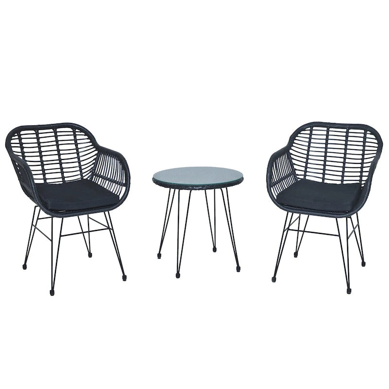 Ensemble de conversation 3 pièces en rotin avec table basse et plateau en verre