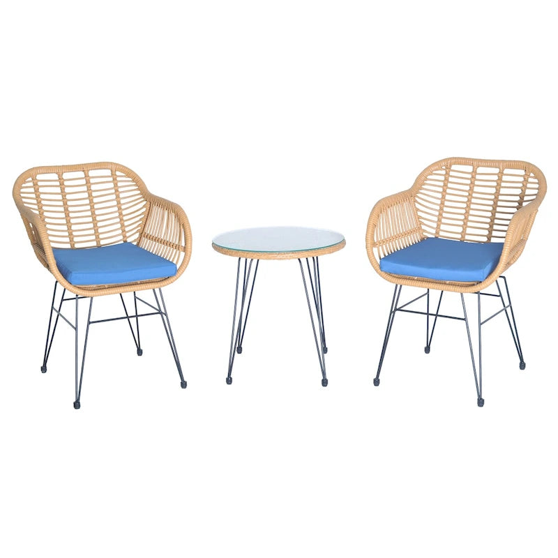Ensemble de conversation 3 pièces en rotin avec table basse et plateau en verre