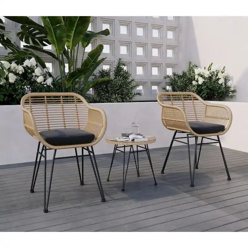 Ensemble de conversation 3 pièces en rotin avec table basse et plateau en verre