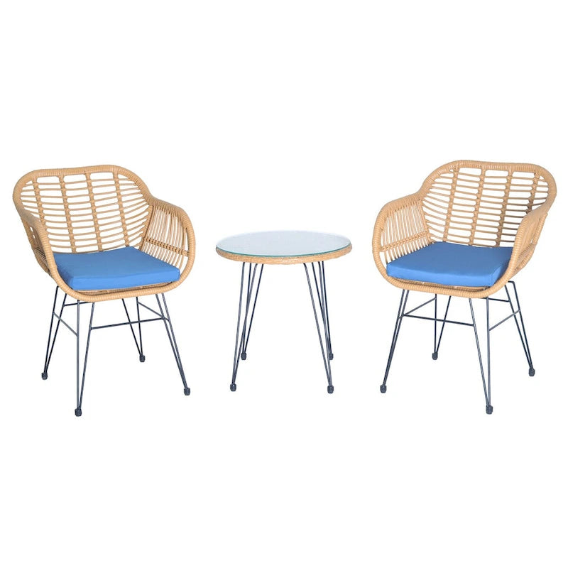 Ensemble de conversation 3 pièces en rotin avec table basse et plateau en verre