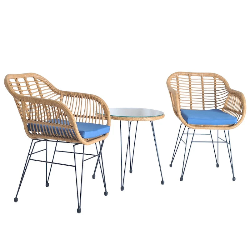 Ensemble de conversation 3 pièces en rotin avec table basse et plateau en verre