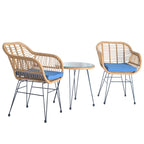 Ensemble de conversation 3 pièces en rotin avec table basse et plateau en verre